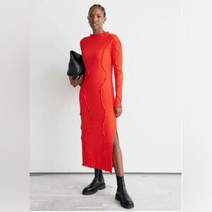 & OTHER STORIES Red Frilled Rib Midi Dress